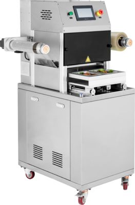 آلة إغلاق صواني أوتوماتيكية تجارية مع فولاذ مقاوم للصدأ 304 من الدرجة الغذائية وقالب ألومنيوم مؤكسد 6061 لتغليف الغلاف الجوي المعدل